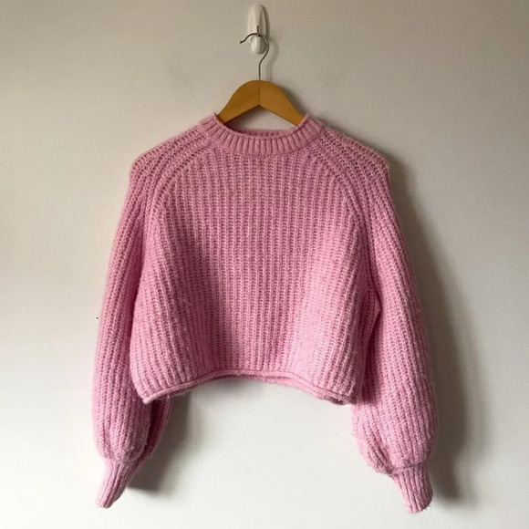 Zara Purl Knit Crop Wool Alpaca Balloon Sleeve Knit Sweater Light Pink Sz Small - Picture 6 of 10